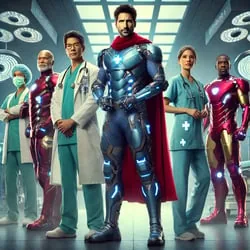 DALL·E 2025-03-27 15.33.57 - A group of superheroes inspired by the Avengers, but reimagined as doctors and medical professionals. They are wearing modern and high-tech medical un